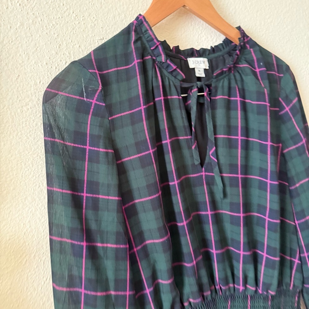 J. Crew Green Pink Navy Plaid Ruffle Tie Collar Puff Sleeve Midi Dress - Picture 5 of 10